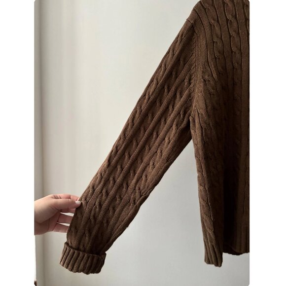 Y2K Brown Cotton Cable knit Sweater | Vintage Boxy Soft Crewneck - Picture 4 of 5